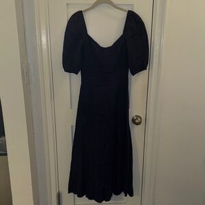 Elegant Reformation Navy Linen Puff Sleeve Dress